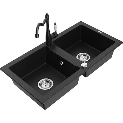 Granitvask Mario 2-Kammer 82x44 cm Sort med Armatur