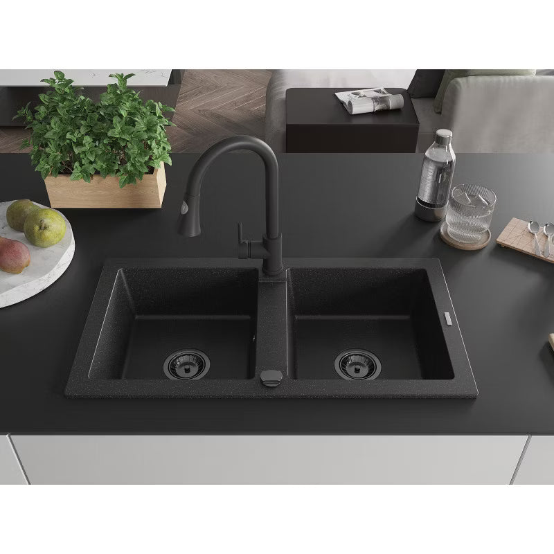 Granitvask Mario 2-Kammer 82x44 cm Sort med Armatur