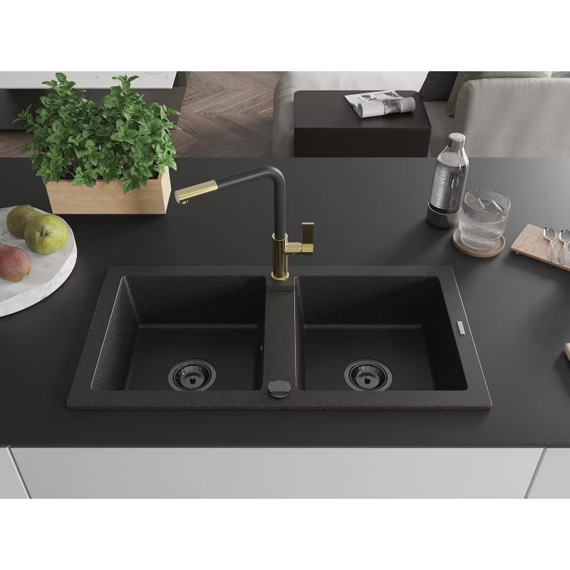Granitvask Mario 2-Kammer 82x44 cm Sort med Armatur