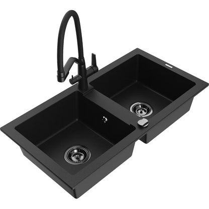 Granitvask Mario 2-Kammer 82x44 cm Sort med Vandhane