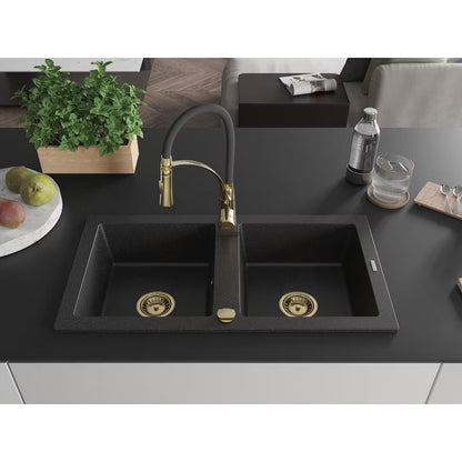Granitvask Mario 2-Kammer 82x44 cm Sort/Sølv Metallisk med Armatur