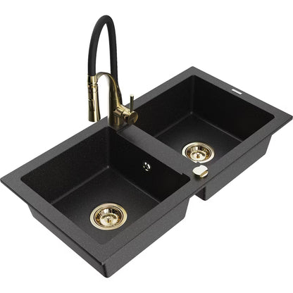Granitvask Mario 2-Kammer 82x44 cm Sort/Sølv Metallisk med Armatur
