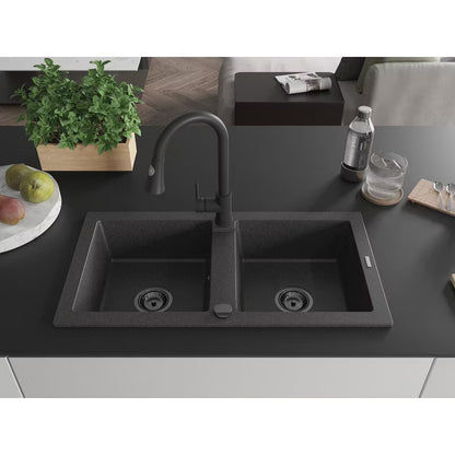 Granitvask Mario 2-Kammer 82x44 cm Sort Spættet med Armatur