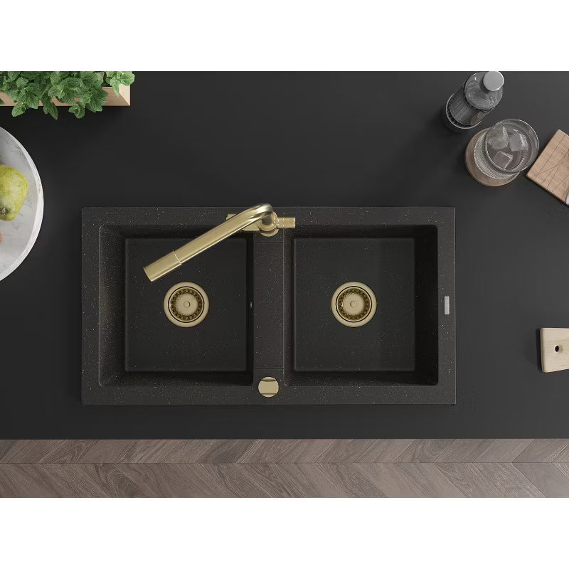 Granitvask Mario 2-Kammer 82x44 cm Sort Metallic med Armatur