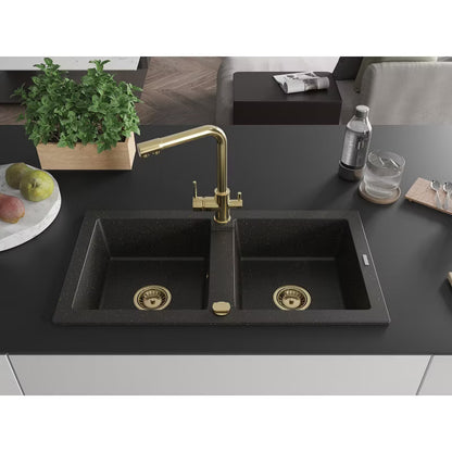 Granitvask Mario 2-Kammer 82x44 cm Sort Metallic med Armatur