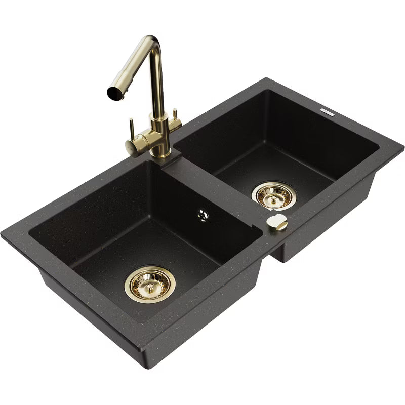 Granitvask Mario 2-Kammer 82x44 cm Sort Metallic med Armatur