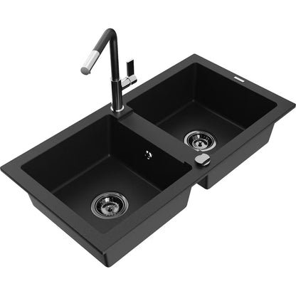 Granitvask Mario 2-Kammer 82x44 cm Sort med Armatur