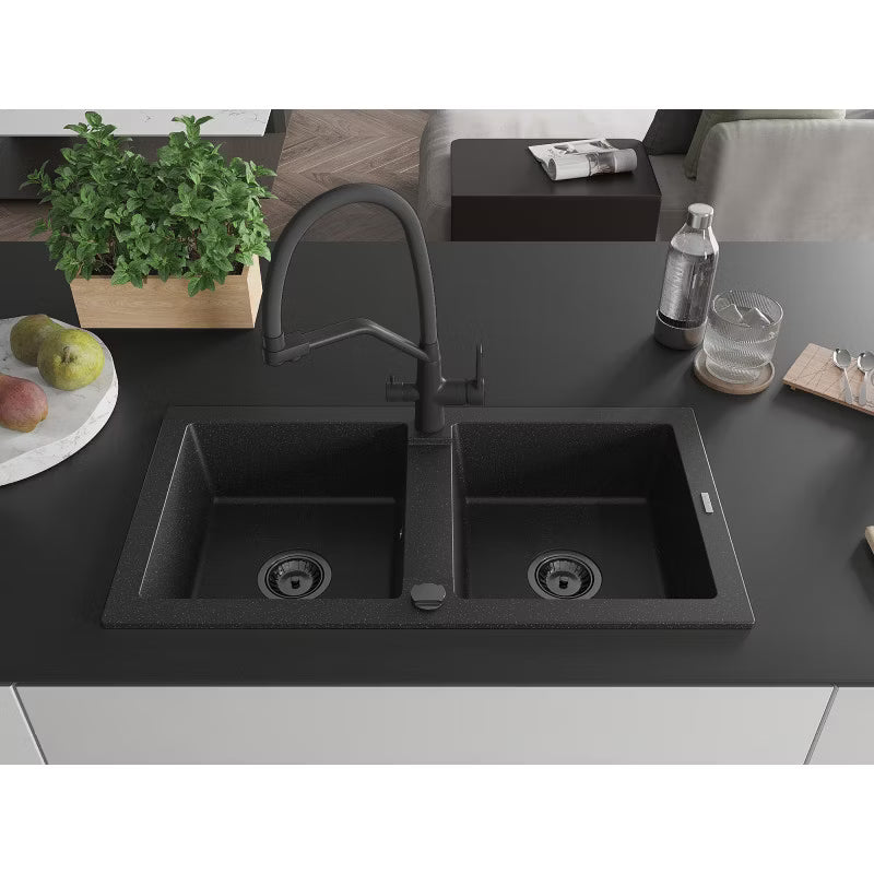 Granitvask Mario 2-Kammer Sort med Armatur Duo