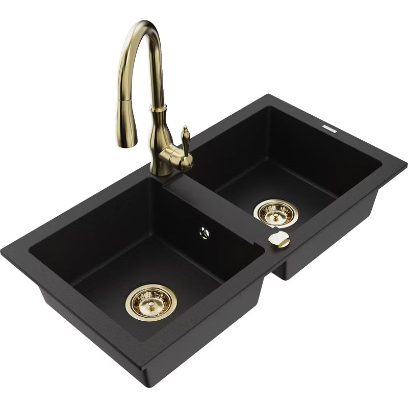 Granitvask Mario 82x43,6 cm 2-Kammer Sort med Armatur