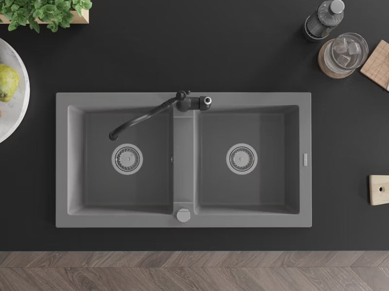 Granitvask Mario 82x44 cm 2-Kammer Grå med Armatur