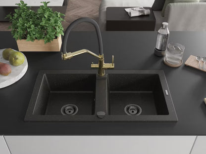 Granitvask Mario 82x44 cm 2-Kammer Sort med Armatur
