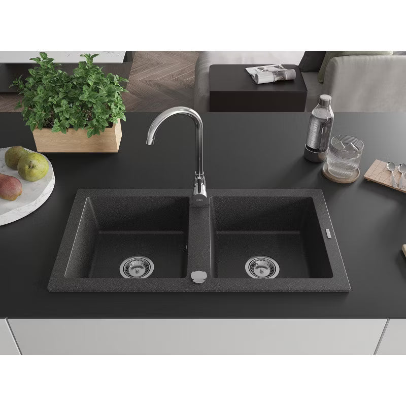 Granitvask Mario 82x44 cm 2-Kammer Sort Metallisk