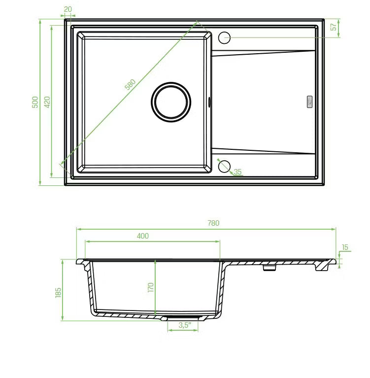 Granitvask Megalo 50x78 cm Sort med Afløbsplade