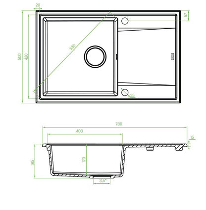 Granitvask Megalo 50x78 cm Sort med Afløbsplade