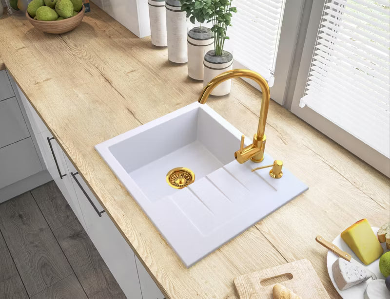 Granitvask Milano 1-Kammer 57,4x46,4 cm Hvid med Guld Vandlås