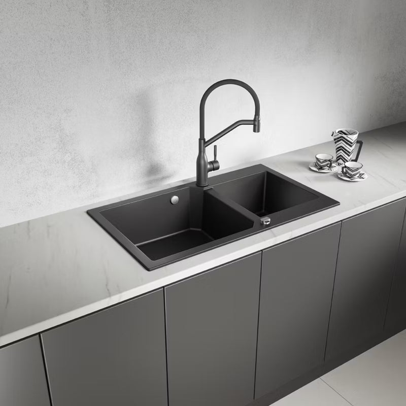 Granitvask Milos 2-Kammer 86x50 cm Sort