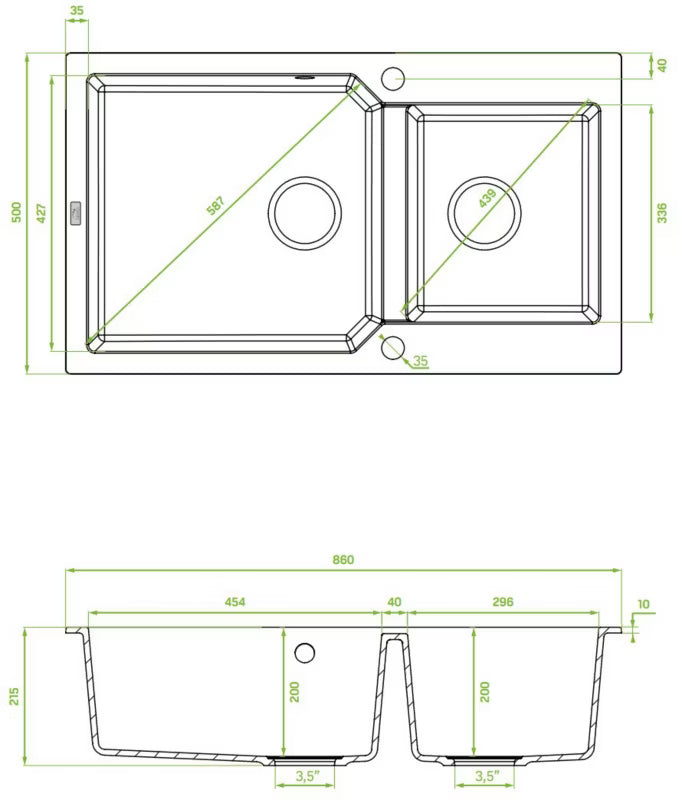 Granitvask Milos 2-Kammer 86x50 cm Sort