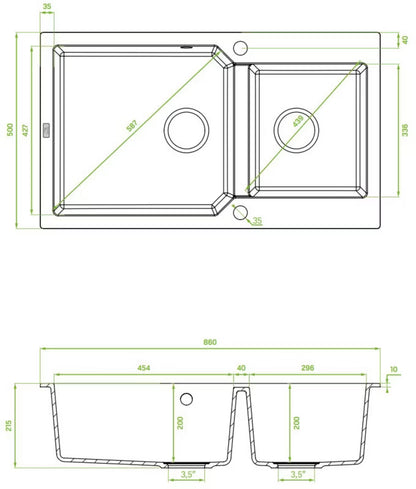 Granitvask Milos 2-Kammer 86x50 cm Sort