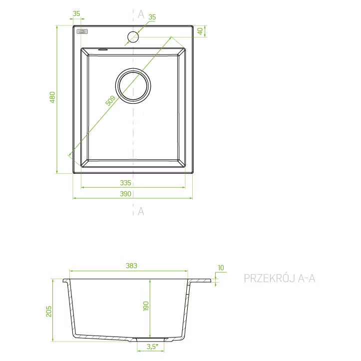 Granitvask One 48x39 cm Sort