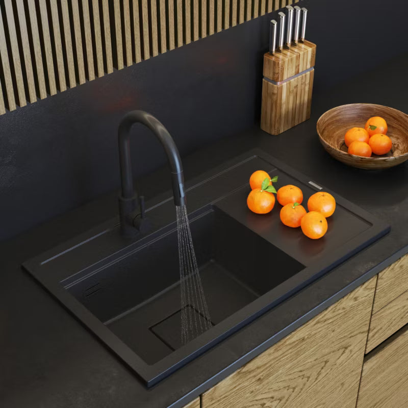 Granitvask Rendo 80x50 cm 1-Kammer Sort med Afløbsplade