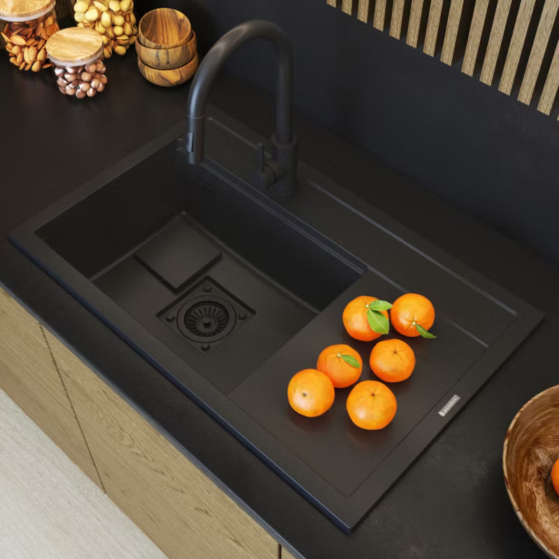 Granitvask Rendo 80x50 cm 1-Kammer Sort med Afløbsplade