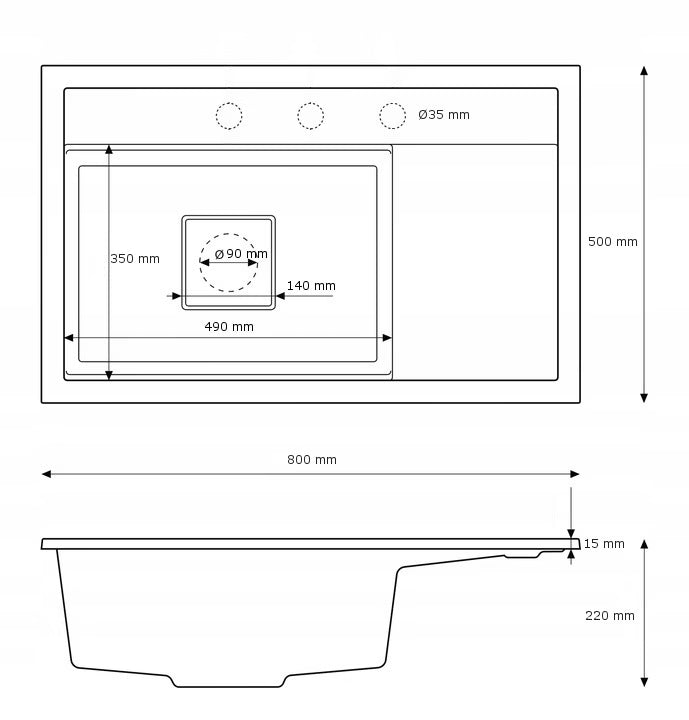 Granitvask Rendo 80x50 cm 1-Kammer Sort med Afløbsplade