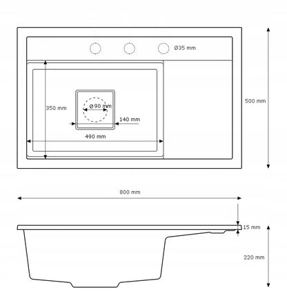 Granitvask Rendo 80x50 cm 1-Kammer Sort med Afløbsplade