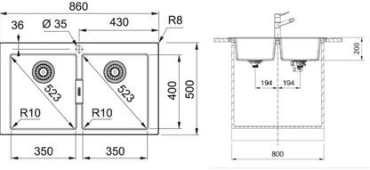 Granitvask Sirius 2.0 2-Kammer 86x50 cm Hvid