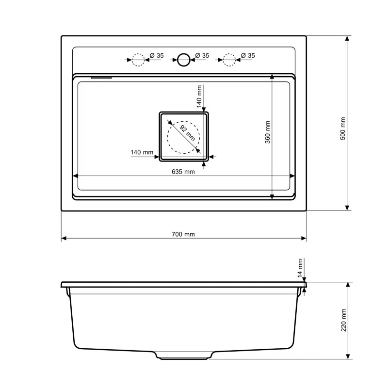 Granitvask Stone XL 1-Kammer 70x50 cm Sort