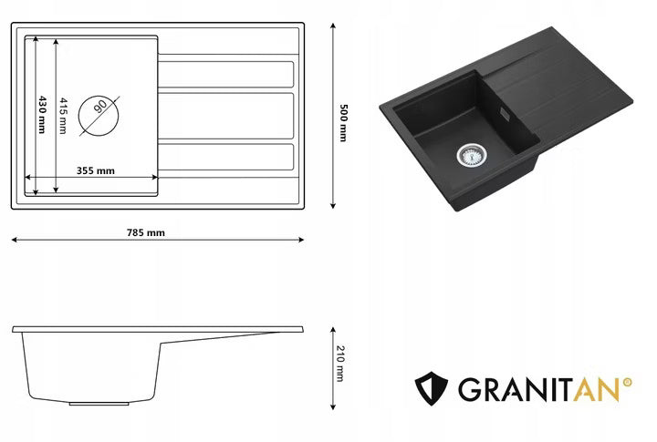 Granitvask Timor 78,5x50 cm Sort med Afløbsbakke