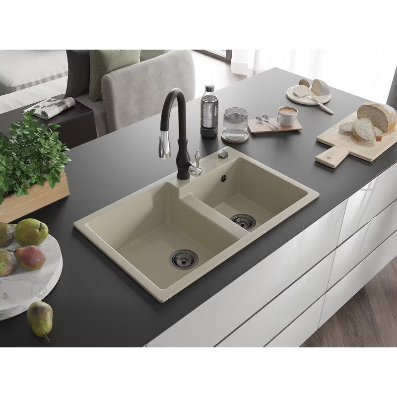 Granitvask Tomas 2-Kammer 80x50 cm Beige med Armatur
