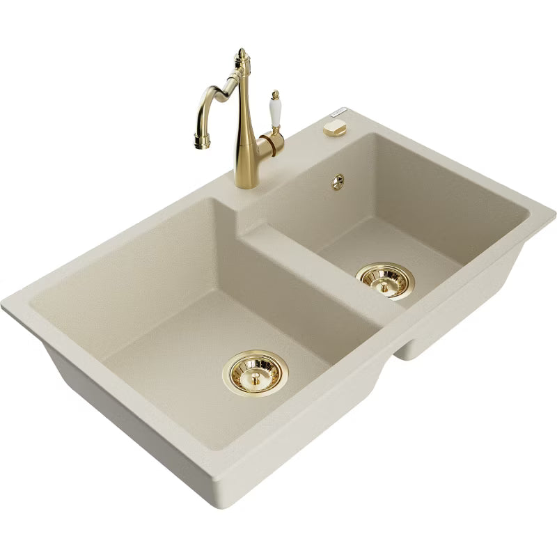 Granitvask Tomas 2-Kammer 80x50 cm Beige med Armatur