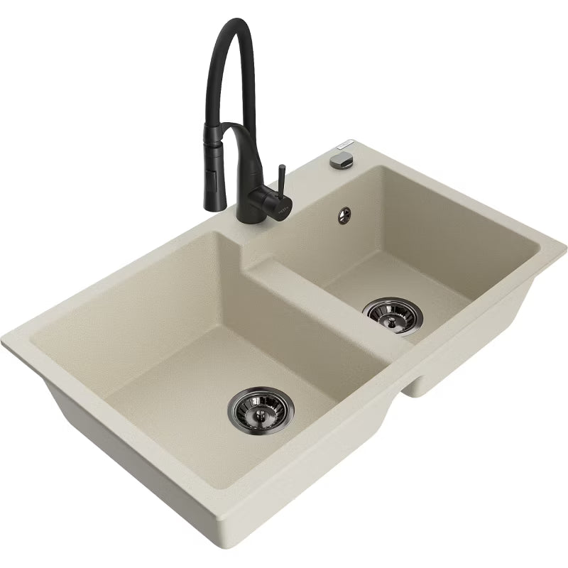 Granitvask Tomas 2-Kammer 80x50 cm Beige med Sort Armatur