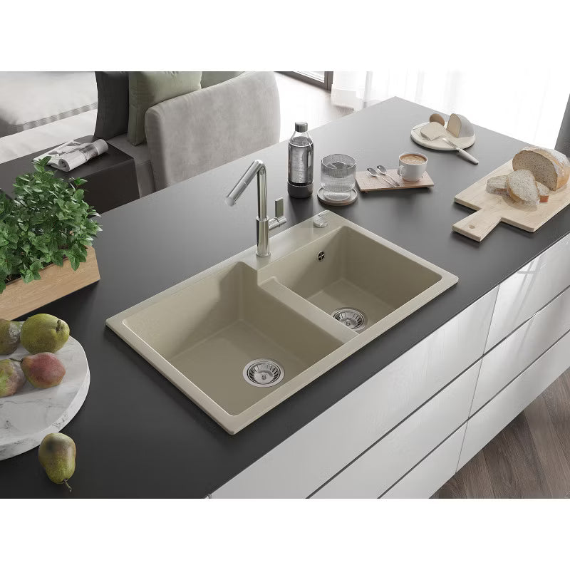Granitvask Tomas 2-Kammer 80x50 cm Beige med Armatur