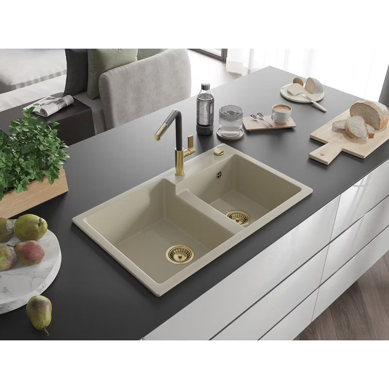 Granitvask Tomas 2-Kammer 80x50 cm Beige med Armatur