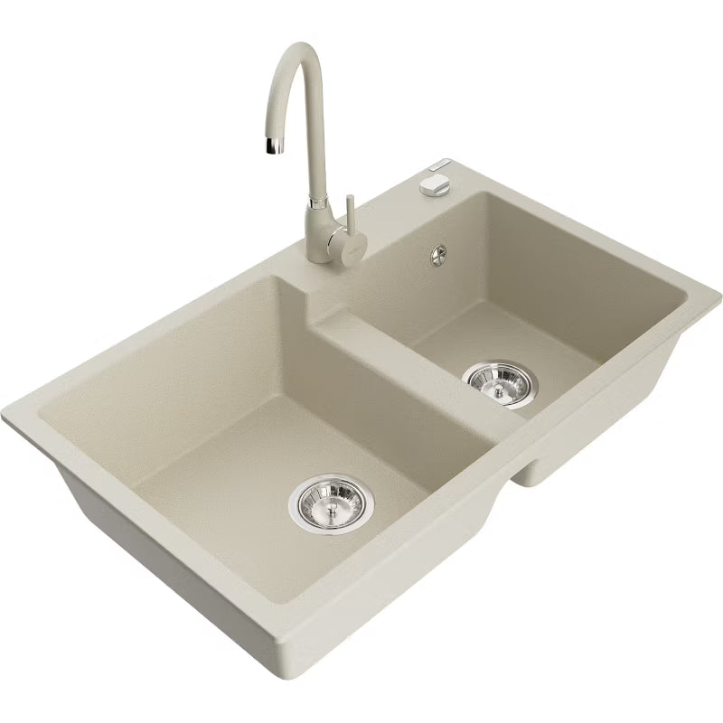 Granitvask Tomas 2-Kammer 80x50 cm Beige med Armatur