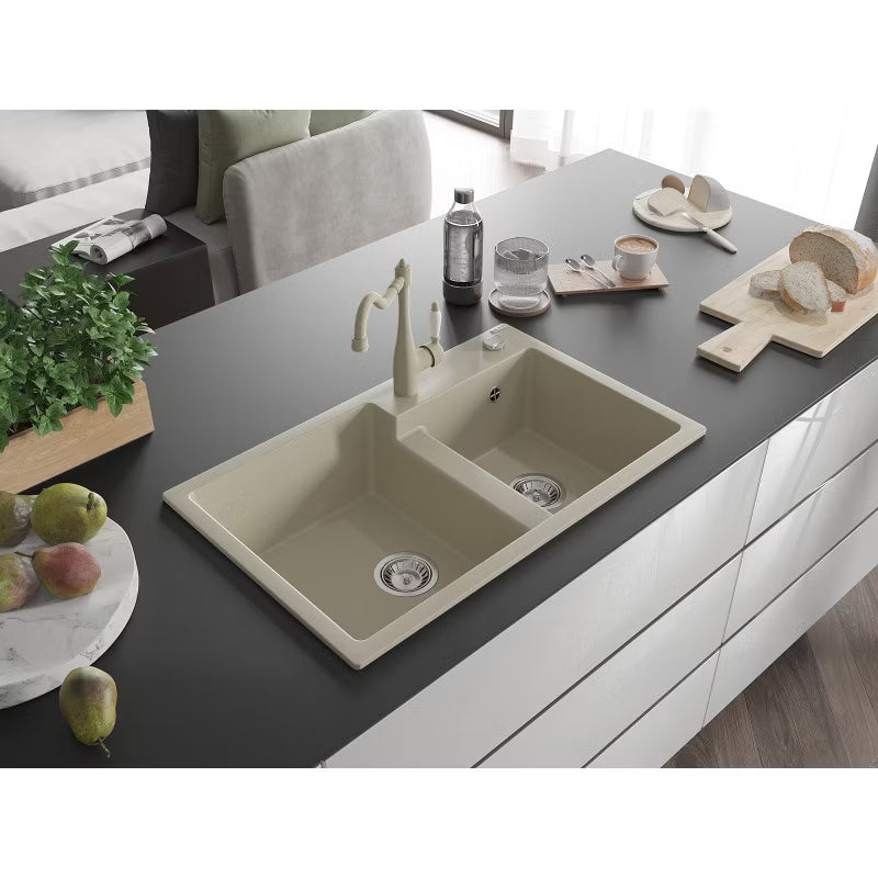 Granitvask Tomas 2-Kammer 80x50 cm Beige med Armatur