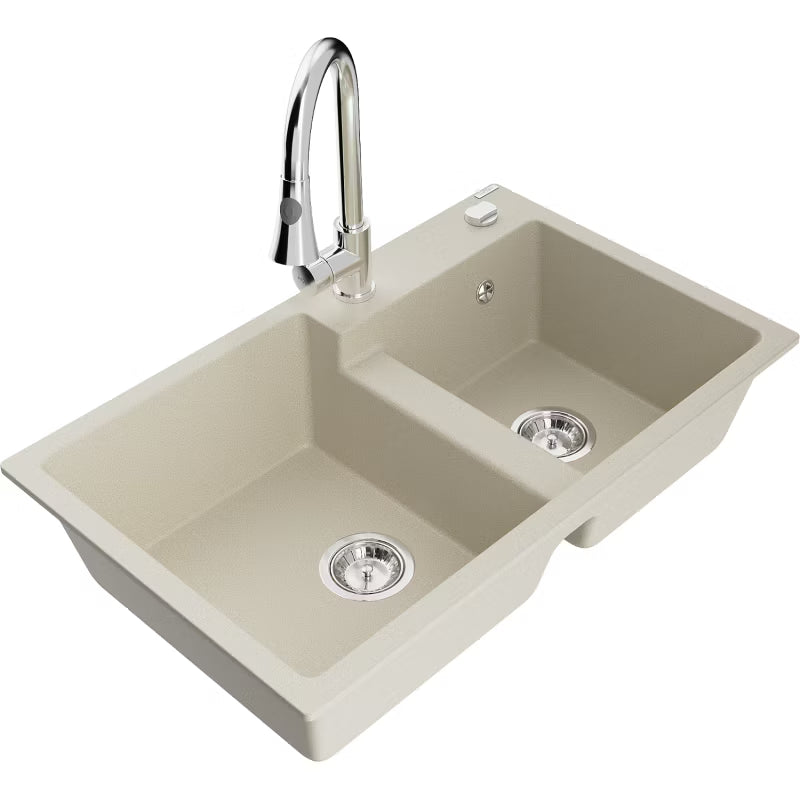 Granitvask Tomas 2-Kammer 80x50 cm Beige med Armatur