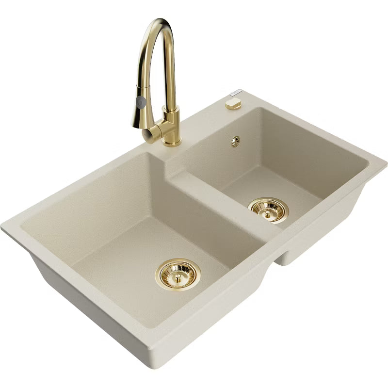 Granitvask Tomas 2-Kammer 80x50 cm Beige med Armatur