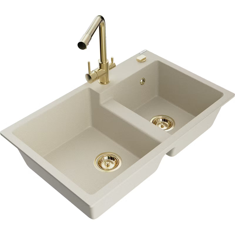 Granitvask Tomas 2-Kammer 80x50 cm Beige med Armatur