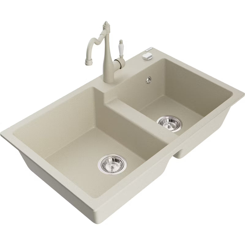 Granitvask Tomas 2-Kammer 80x50 cm Beige med Armatur