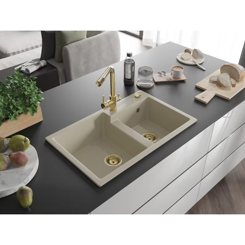 Granitvask Tomas 2-Kammer 80x50 cm Beige med Armatur