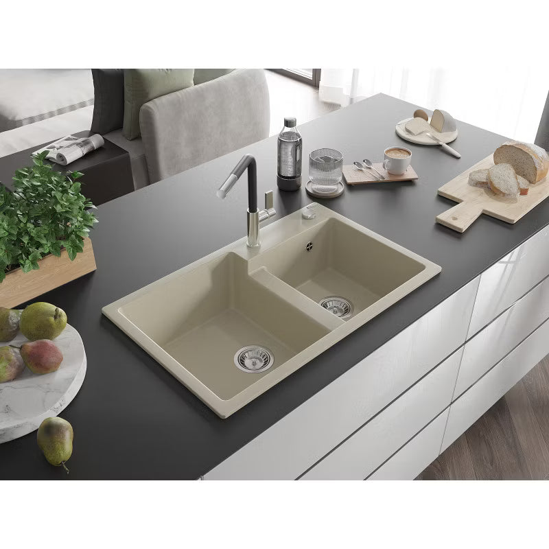 Granitvask Tomas 2-Kammer 80x50 cm Beige med Armatur