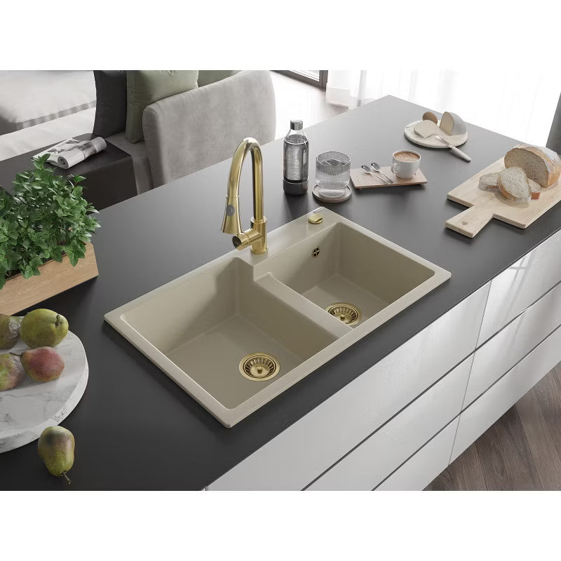 Granitvask Tomas 2-Kammer 80x50 cm Beige med Armatur