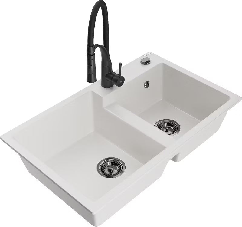 Granitvask Tomas 2-Kammer 80x50 cm Hvid med Blandingbatteri