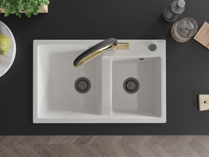 Granitvask Tomas 2-Kammer 80x50 cm Hvid med Armatur