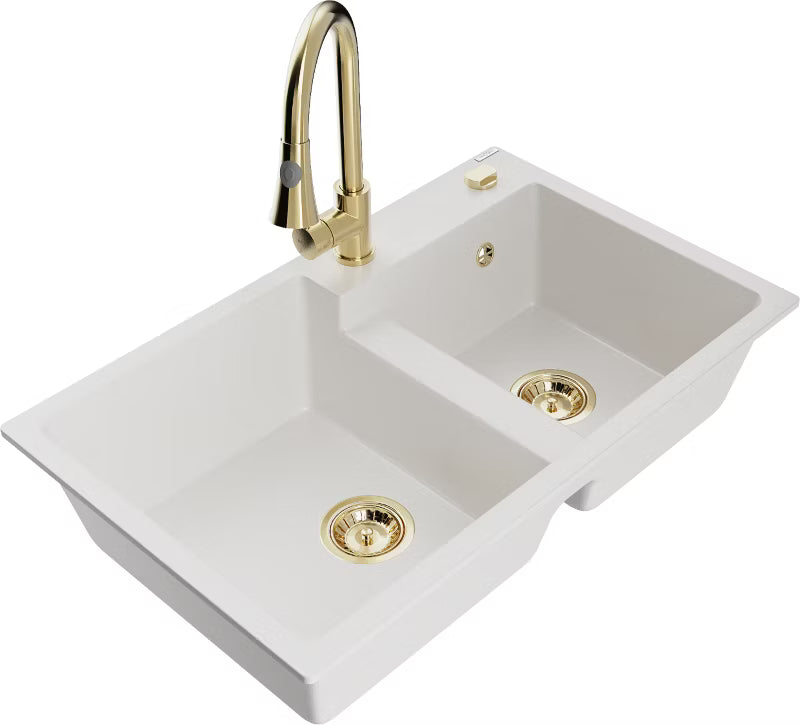 Granitvask Tomas 2-Kammer 80x50 cm Hvid med Armatur