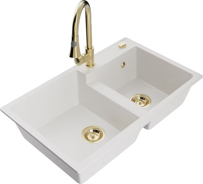 Granitvask Tomas 2-Kammer 80x50 cm Hvid med Armatur