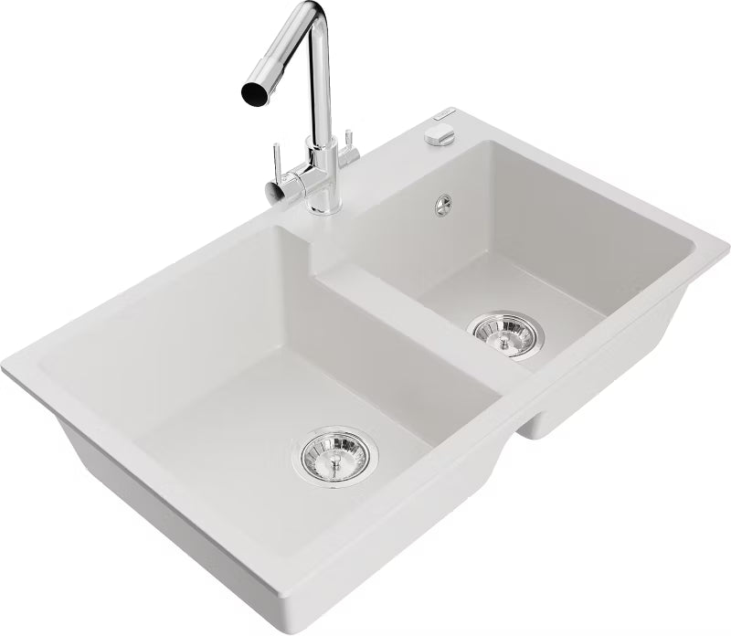 Granitvask Tomas 2-Kammer 80x50 cm Hvid med Armatur