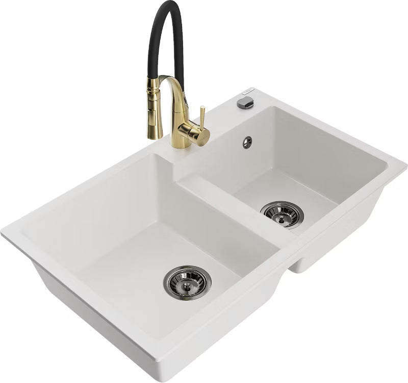 Granitvask Tomas 2-Kammer 80x50 cm Hvid med Armatur